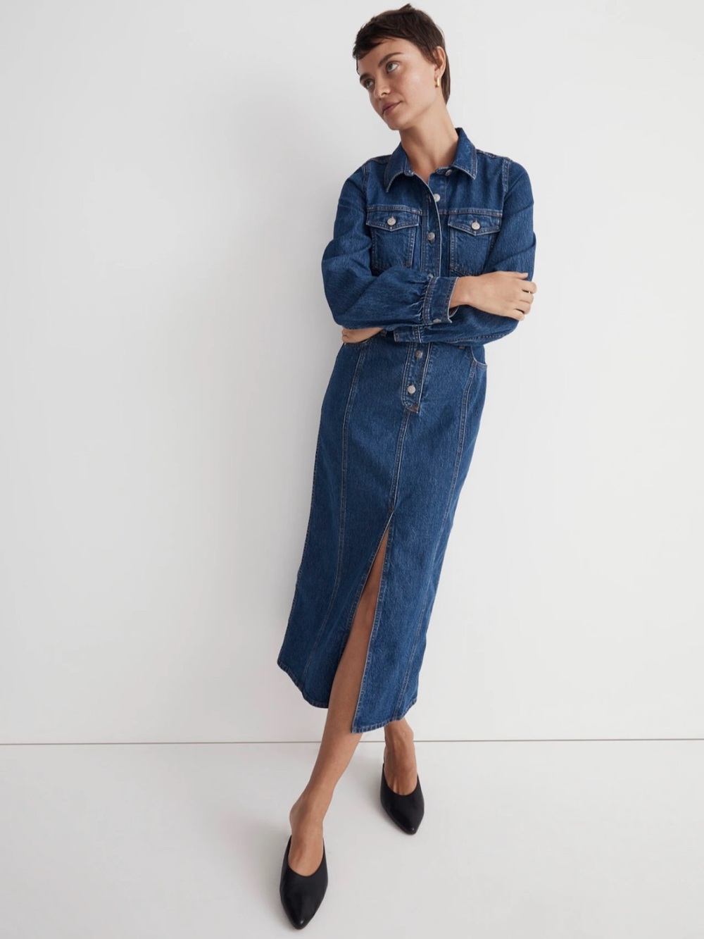Madewell Denim Button-Front Midi Dress with Front Slit - Dark Blue